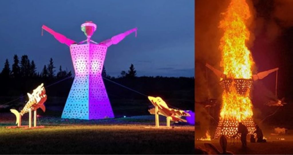 Two photos of an effigy burning at Freezer Burn — one before, one during.
