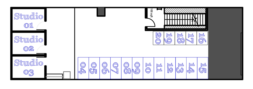 A graphic showing all the available studio spaces at Fuse33 as of August 2024.