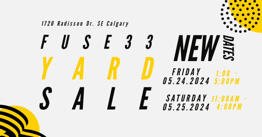 A poster for the 2024 Fuse33 Yard Sale with black and yellow text.